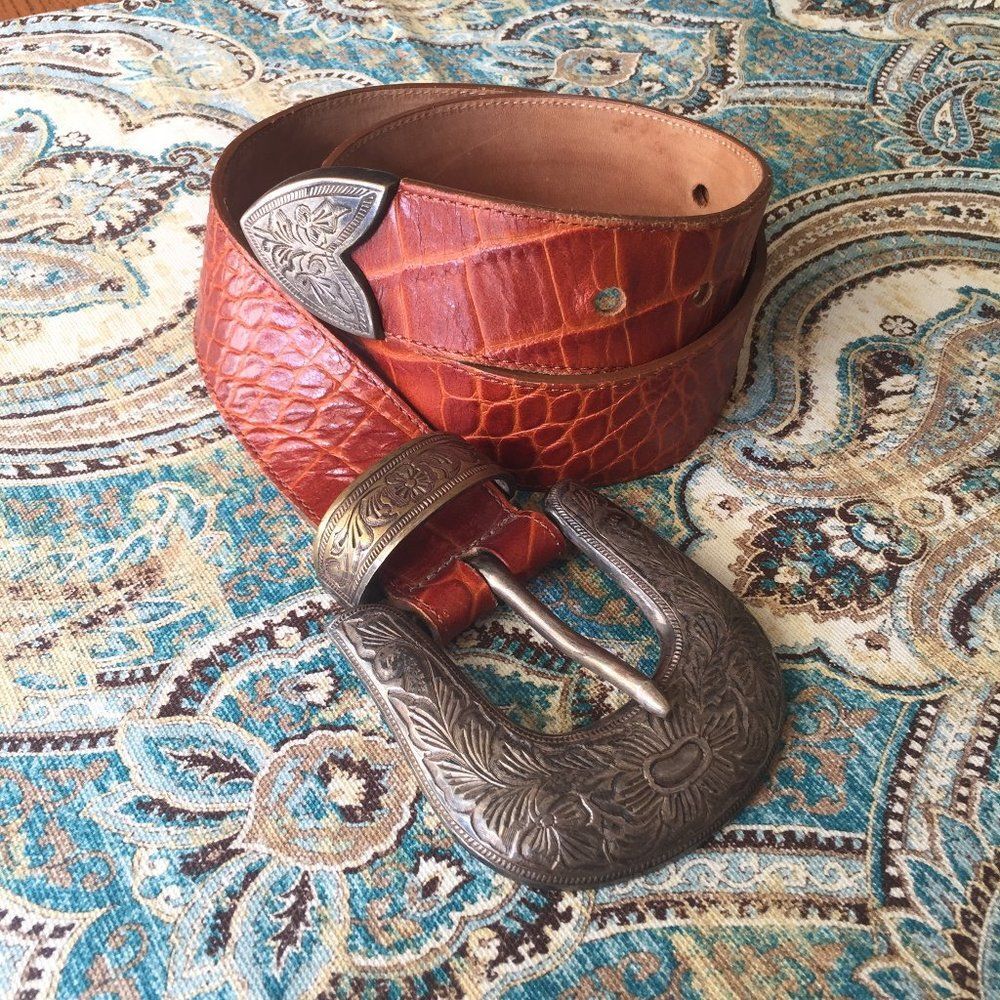 Jennifer Graham Leather Western Belt Croc Embossed Silver Brass Buckle Medium